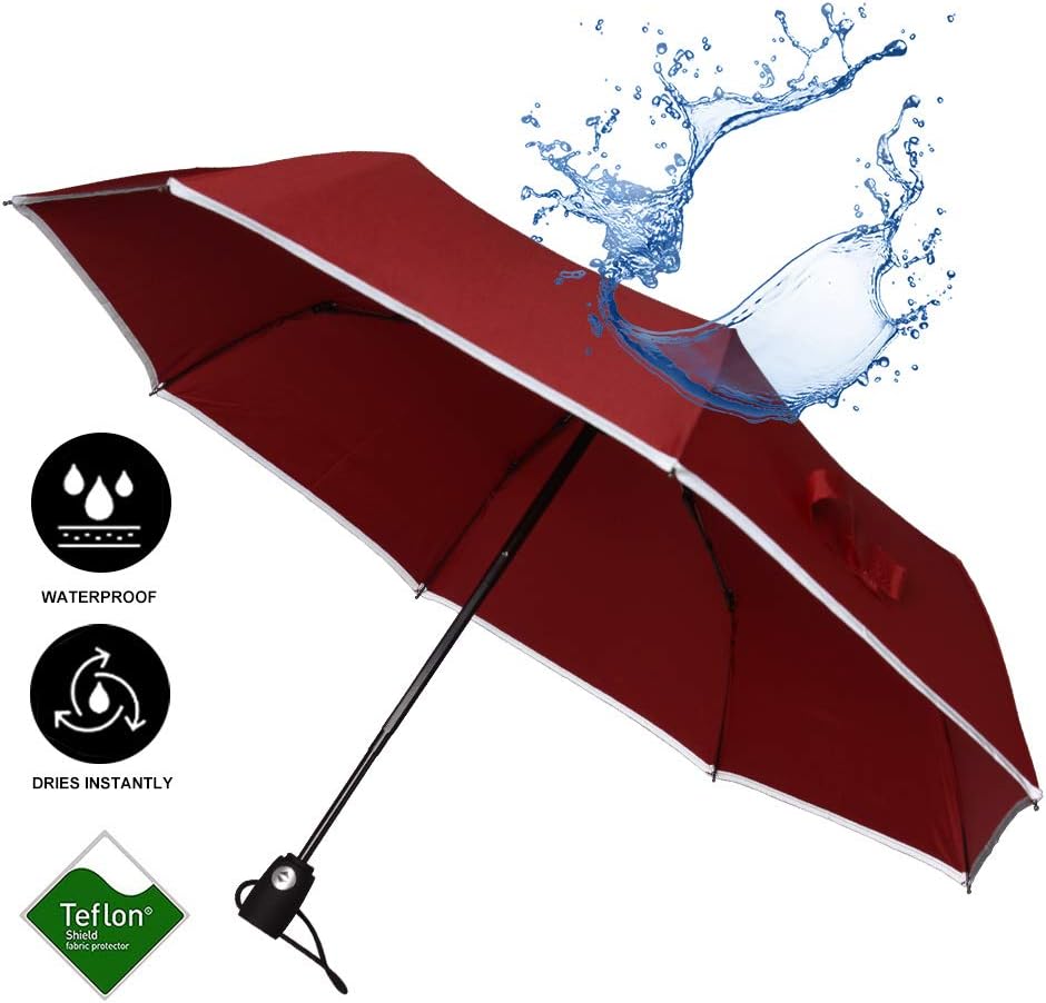 Brainstorming Windproof Travel Umbrella Compact Auto Open/Close Portable Folding Umbrella with Teflon Coating, Reflective Stripe Design, Lightweight for Travel (Red)