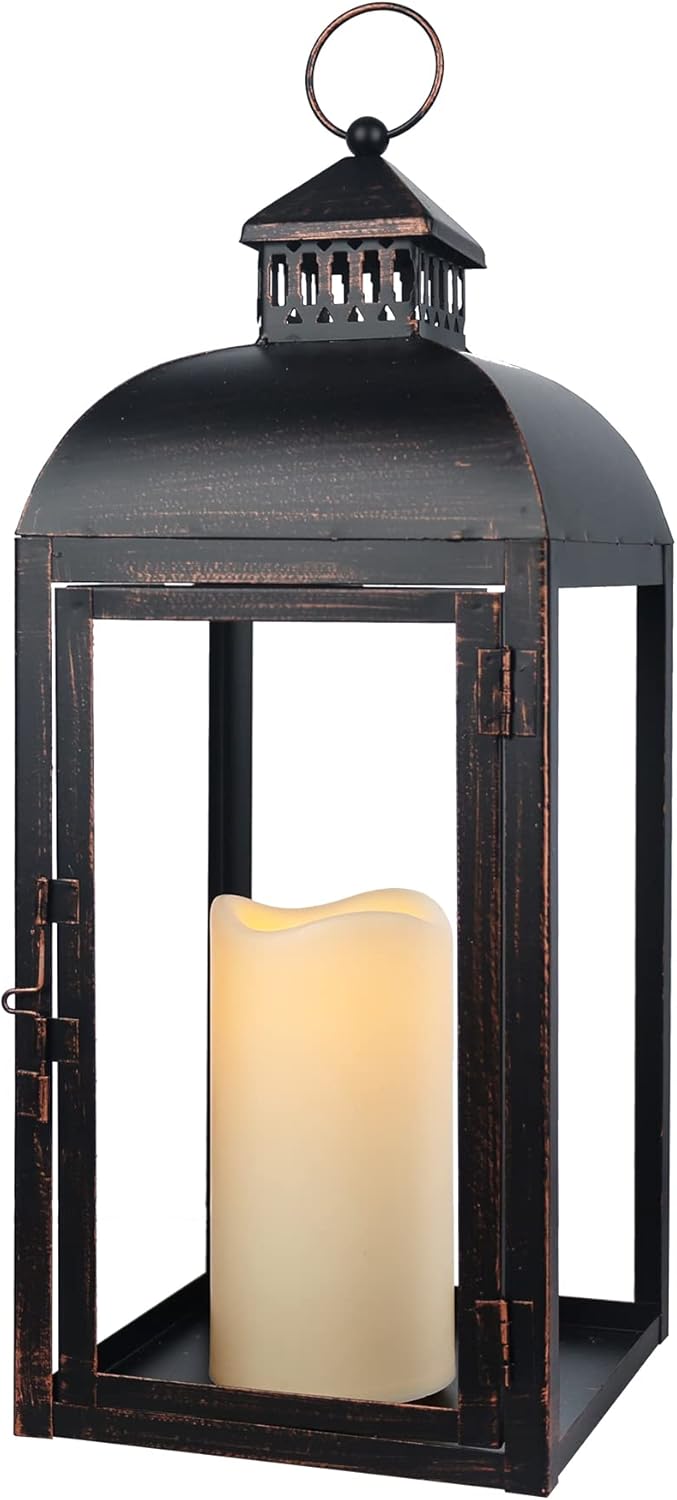DECORKEY Large Candle Lantern Decorative, 17.3" Outdoor Lanterns with LED Candle, Indoor Outdoor Farmhouse Candle Holder for Porch Table Decor, Valentines ST.Patrick Easter Spring Gift, NO Glass