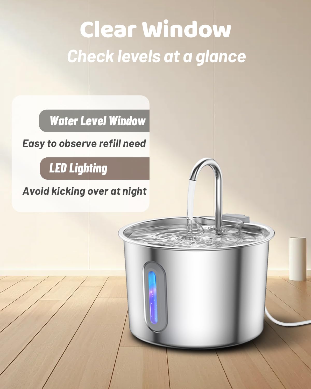 Fuente para Gatos Acero INOX: 2.2L Bebedero Gato con Ventana de Nivel de Agua, Bebedero Perros Acero Inoxidable, Dispensador Agua Perro Silencioso (Fuente Gatos-2.2L+6 Filtros+3 Esponjas)