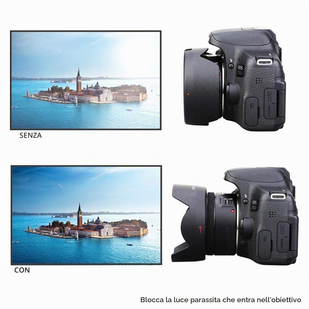 Paraluce e Filtro UV per Canon EF 50 mm f/1.8 STM, Sostituisce Canon ES-68, Paraluce Reversibile con Filtro UV da 49 mm, Riduce i Riflessi