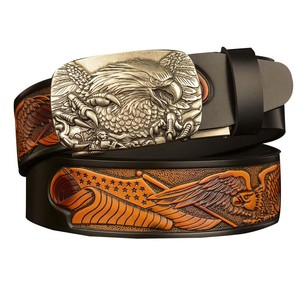 BDAYEK Men's Belt Men's Sliding Ratchet Belt Genuine Leather Automatic Buckle Engraved Plate(C,120Cm/47Inch)