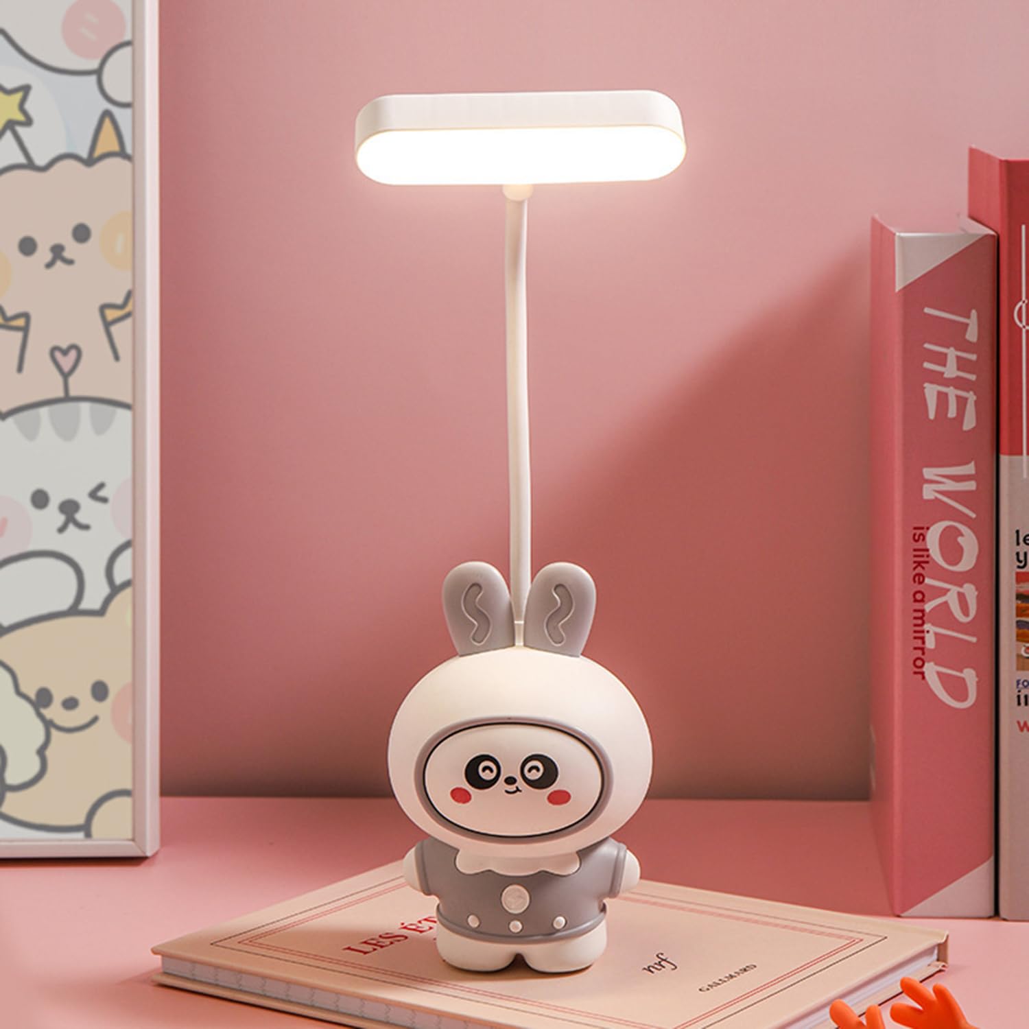 Spiaty Cute Bunny LED Desk Lamp, Flexible Neck, Kids Study Table Light, 25.5 cm, USB Rechargeable, Grey and White-image-7