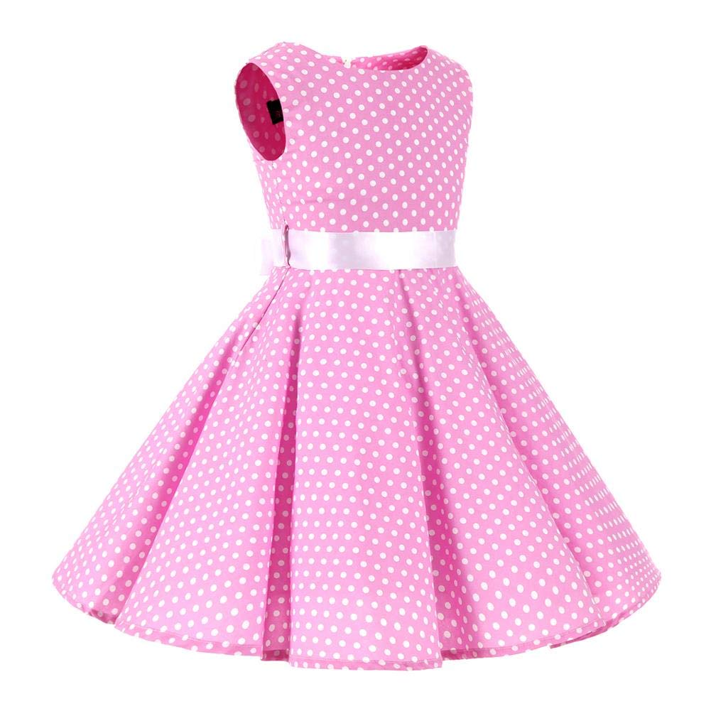 Vestito estivo da bambina con stampa floreale, stile vintage anni '50, a pois, vestito da principessa, in cotone, per matrimonio, compleanno, serata, linea A, senza maniche, con cintura