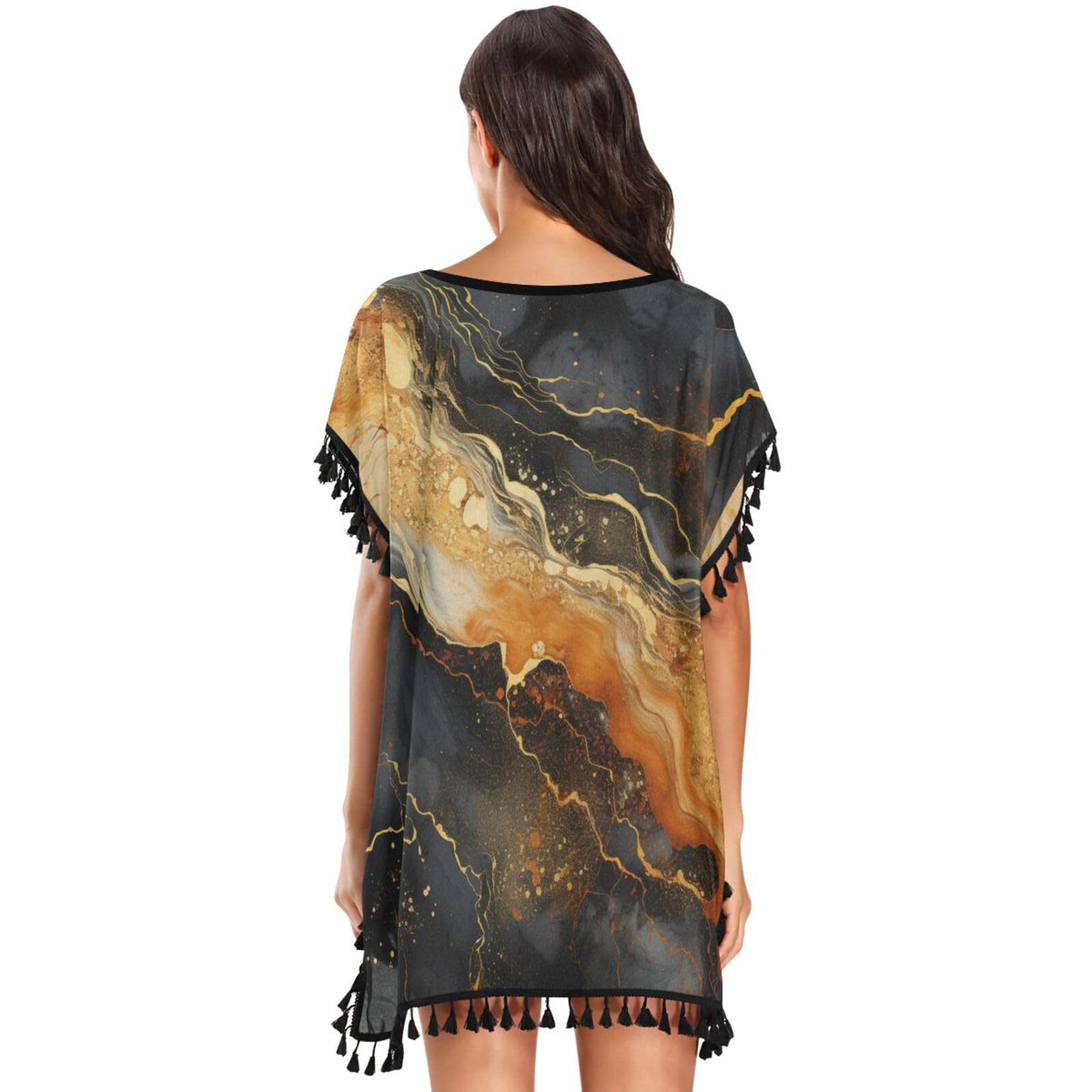 Gold Marble Black Art Women's Beach Cover Up Chiffon Tassel Swimwear Swimsuit Coverups for Girl