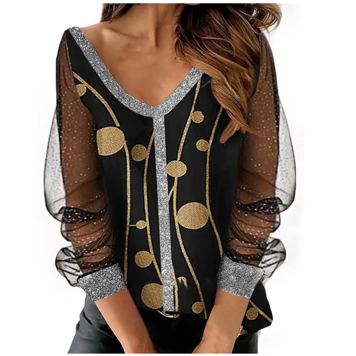 Bartira Spring and Summer Fashion Slim Temperament Loose Sexy V-Neck Splicing Long Sleeve Bottoming Shirt