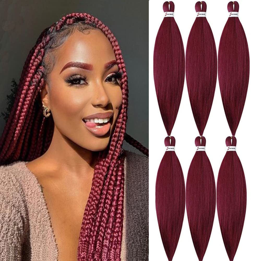 MSBELLE Red Braiding Hair Pre Stretched,26 Inch 6 Pack Prestretched Braiding Hair Extensions for Women Synthetic Soft Yaki Texture Crochet Braids Hair