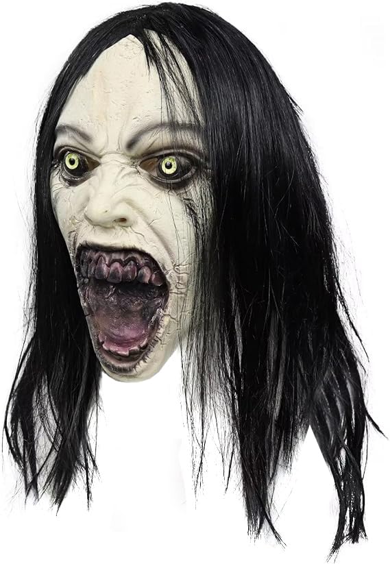 Zombie Mask Scary Scream Crying Female Ghost Mask with Long Hair Devil Horror Latex Full Head Mask Halloween Cosplay Costume Props for Adults