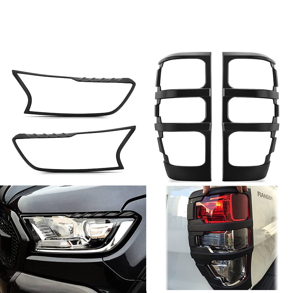 TUNEZ® Osłony reflektorów i świateł tylnych kompatybilne z Ford Ranger PX T6 Wildtrak XL XLT Limited 2 XLS Mk2 Mk3 rok 2016-2019 przednia i tylna lampa matowa czarna osłona