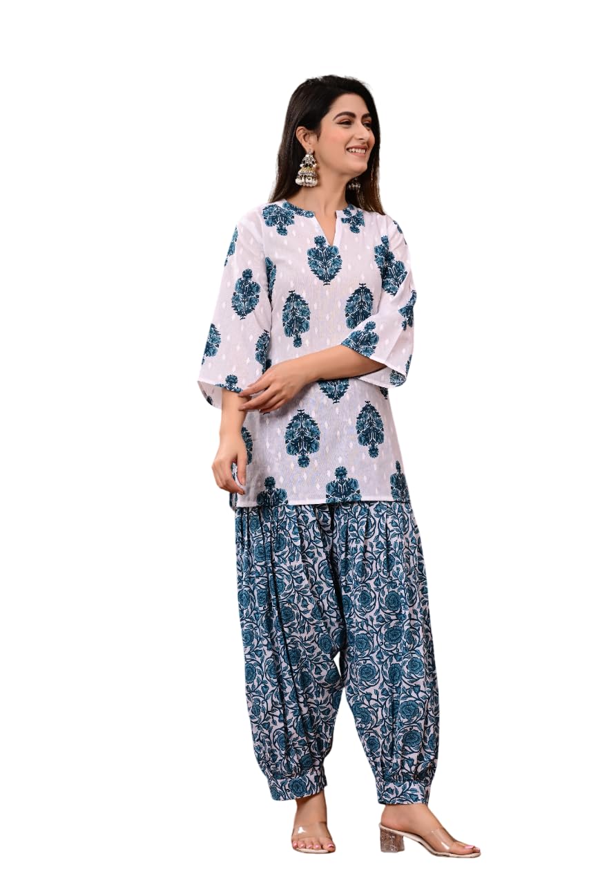 Women's Cotton Floral Print Kurta Patiala Pant Set, White and Purple Traditional Indian Ethnic Wear with Damask Pattern-image-13