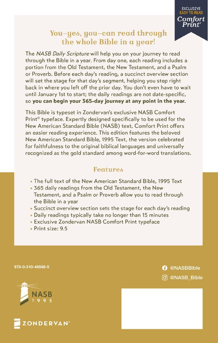 NASB, Daily Scripture, Paperback, White/Olive, 1995 Text, Comfort Print: 365 Days to Read Through the Whole Bible in a Year