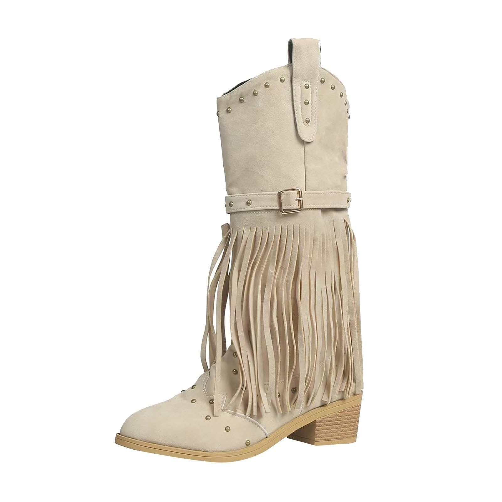 Women Fringe Cowboy Western Boots Pointed Toe Knee High Booties Pull On With Zipper Wide Calf Riding Cowgirl
