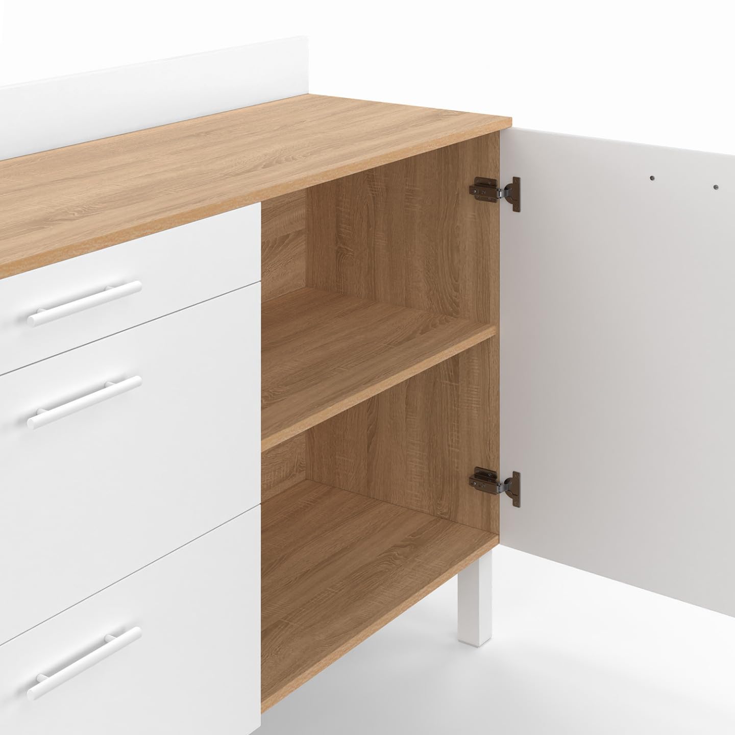 IDMarket - Buffet Bas de Cuisine 120 cm casserolier CINA Plan de Travail H.83 cm 1 Porte + 3 tiroirs façon hêtre et Blanc