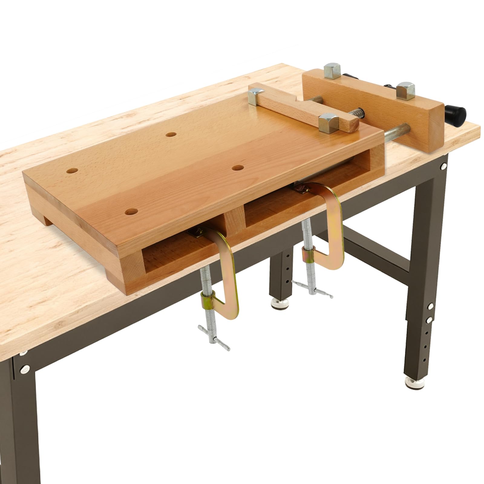 Banco di pialla in legno, 53 x 28 x 7 cm, banco da lavoro con morsa, clip a G regolabili 0-9 cm, apertura 0-14 cm, tavolo da lavoro portatile in legno di faggio per morsetti, pialla