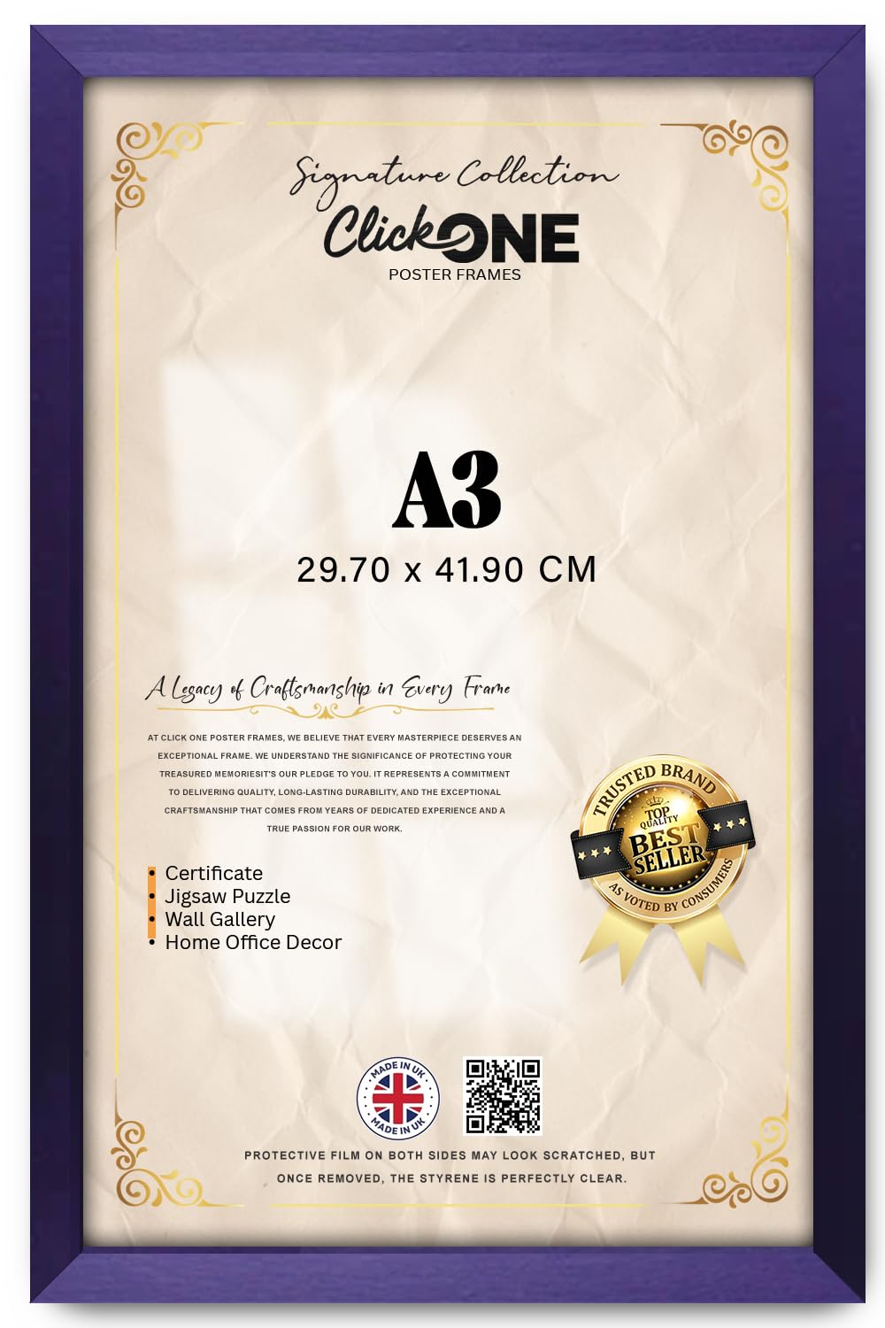 Click One A3 Purple Frame – Elegant Flat MDF Design for Posters & Photos, 29.7 x 42 cm, Modern Interior Décor, Lightweight Sturdy Wall Mount, Contemporary Art Accent