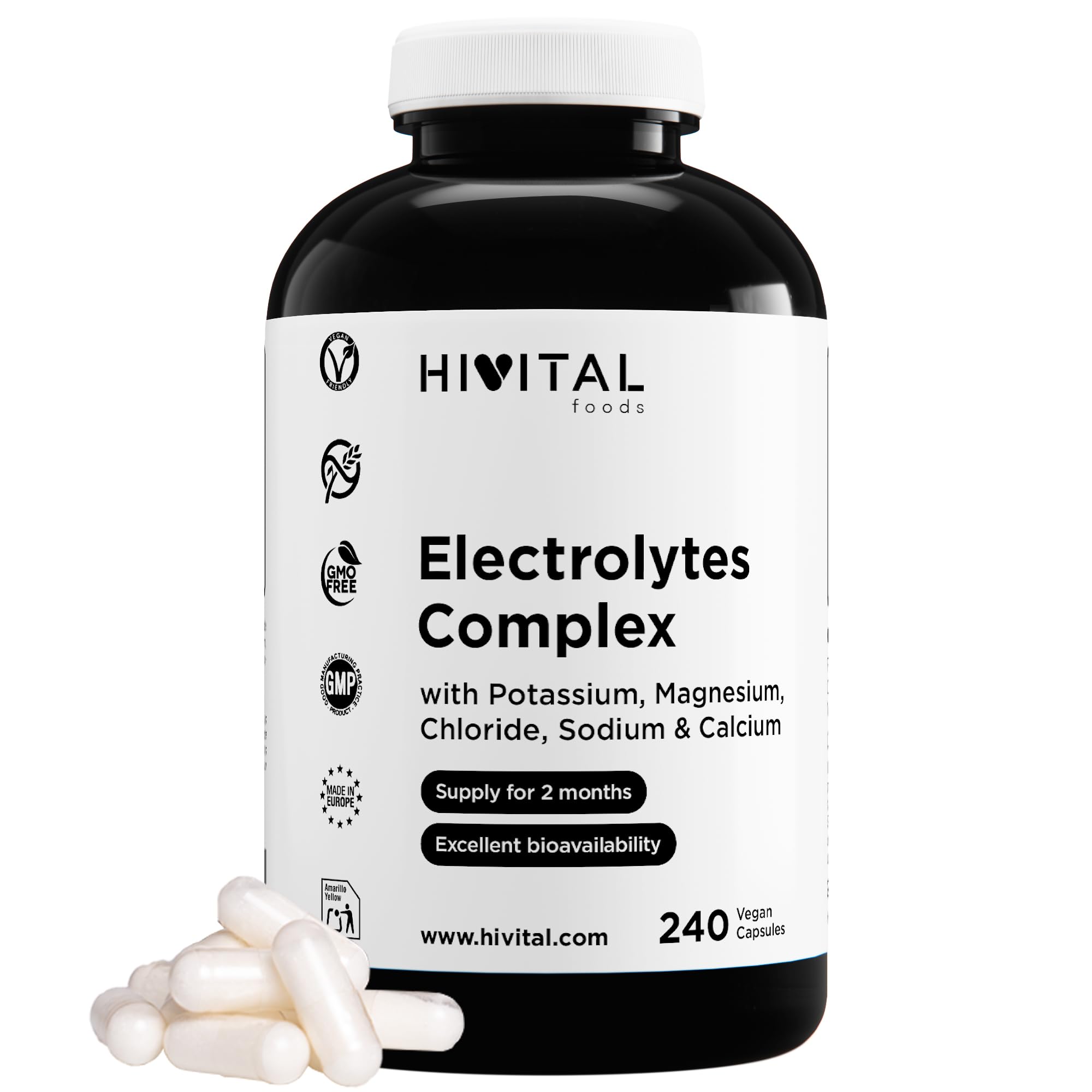Electrolitos Complex. 240 cápsulas veganas para 2 meses de tratamiento. Con las Sales Minerales: Potasio, Magnesio, Cloruro, Sodio y Calcio. Dosis óptima. Fabricado en España por HIVITAL