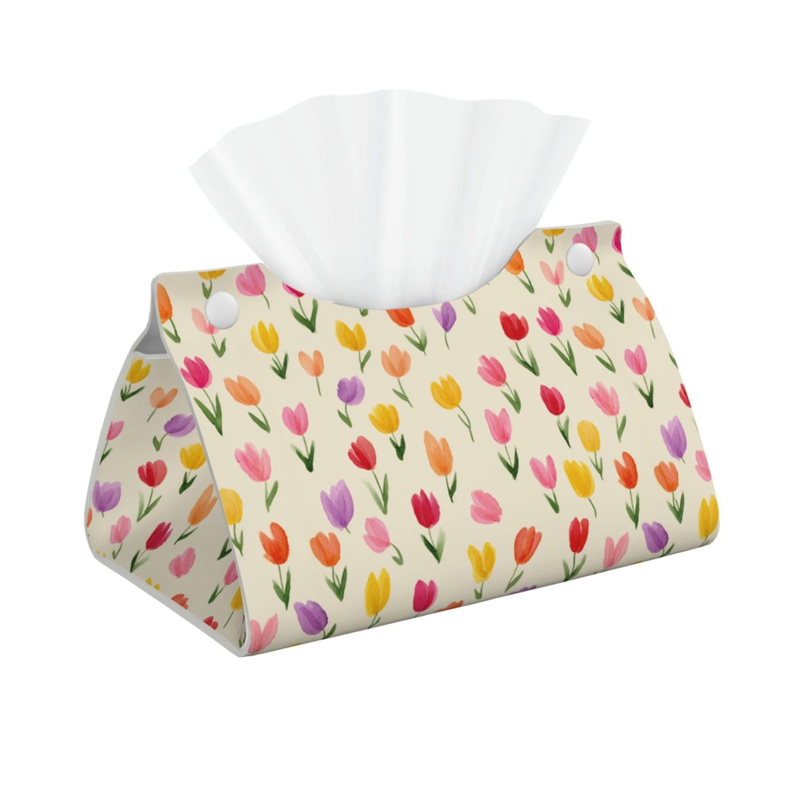 Small Colorful Tulips Watercolor Tissue Box Cover Rectangle Pu Leather Tissue Box Holder for Car Bathroom Bedroom Desk Tabletop Decor