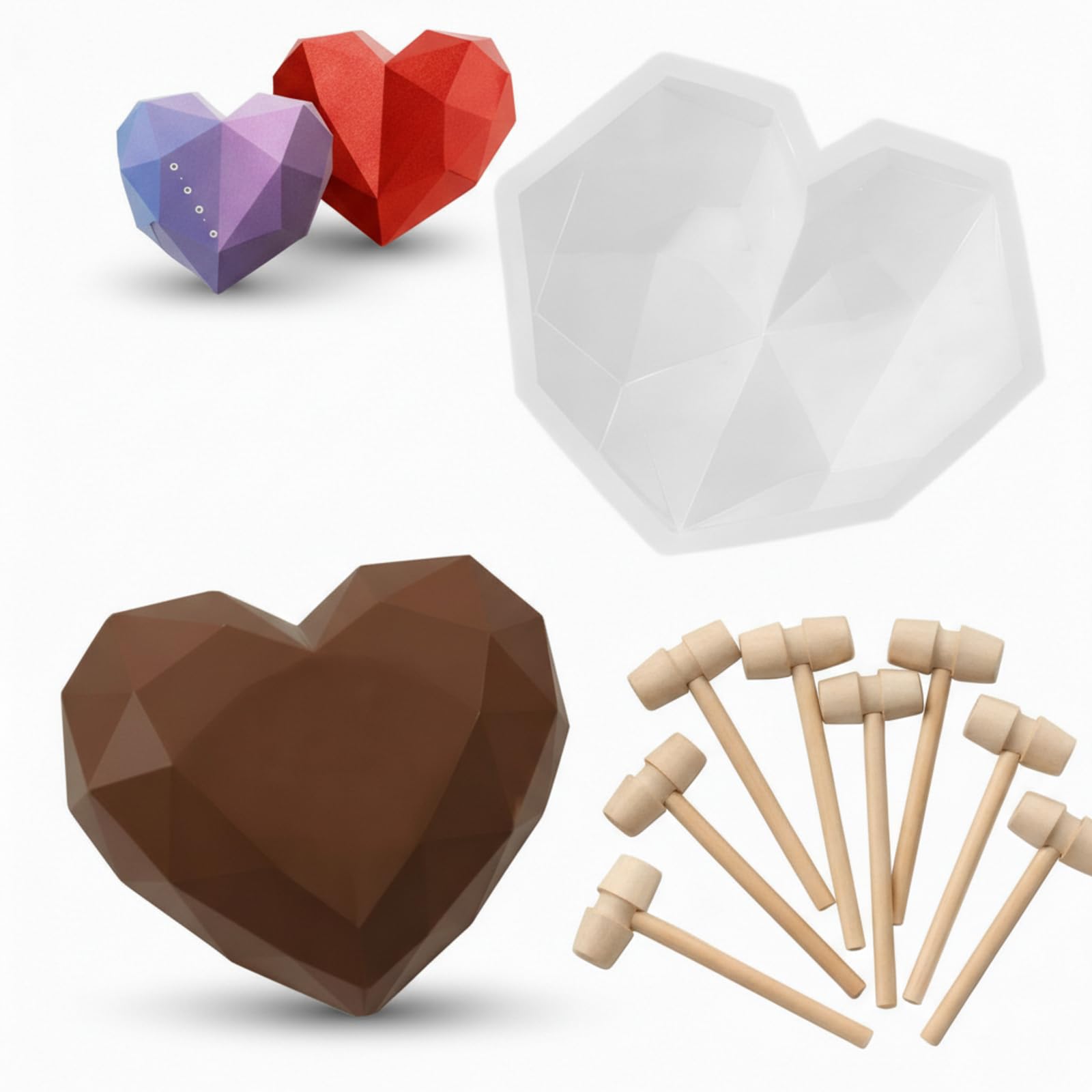 Photo 1 of Patelai Breakable Heart Mold Set for Chocolate Silicone Mold 7.8 Inch with 8 Pcs Mini Wooden Hammer Heart Shape Cake Mousse Dessert Baking Pan Silicone Love Fondant Molds