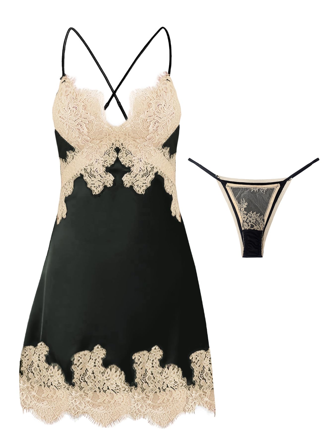 Lilosy Sexy Silk Lace Up Backless Satin Applique Floral Lace Babydoll Lingerie Dress with Tong 2 Piece Women Panty Chemise Negligee Black X-Large