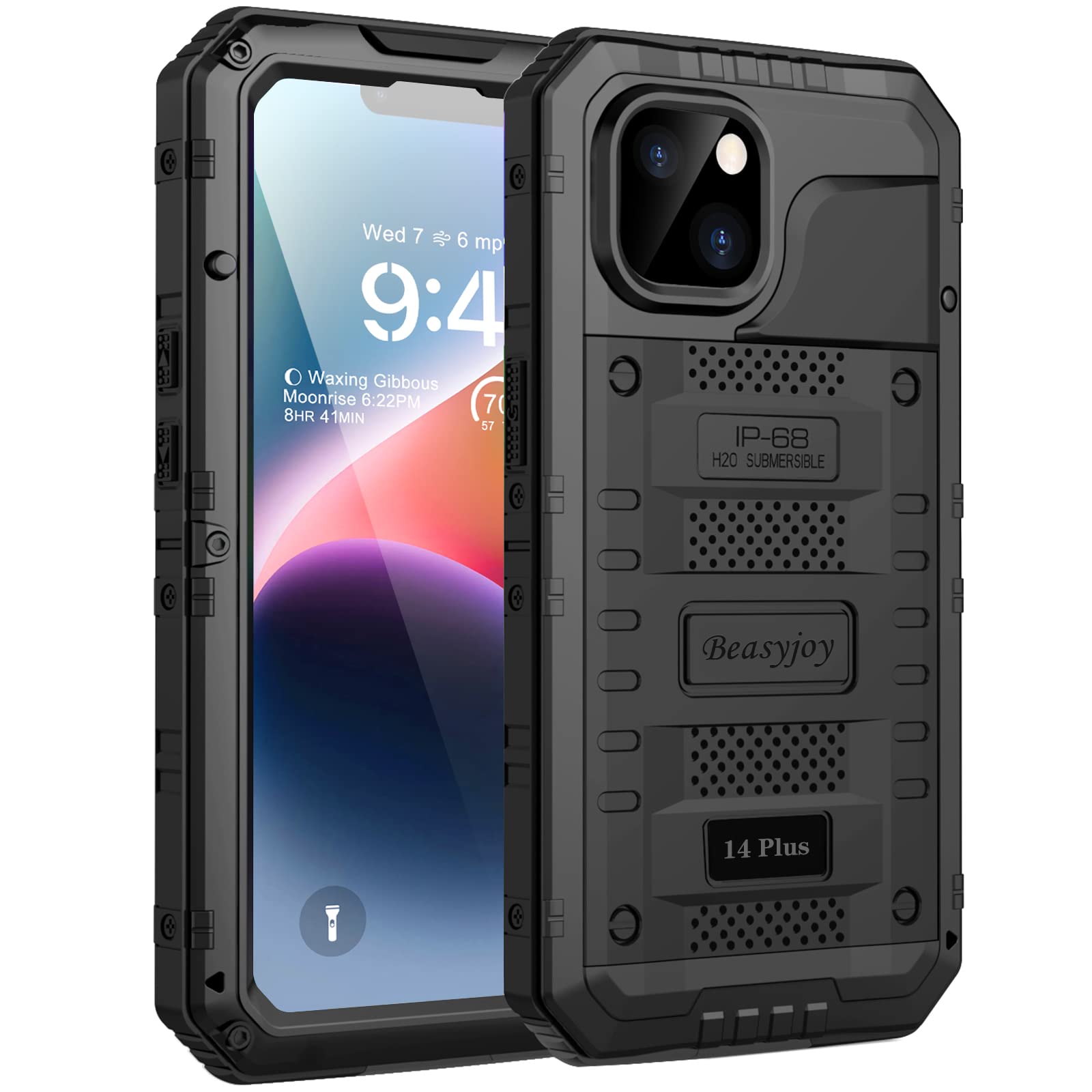Beasyjoy for iPhone 14 Plus Case, IP68 Waterproof Metal Heavy Duty Defender Case with Built-in Screen Protector, Military Grade Full Body Protective