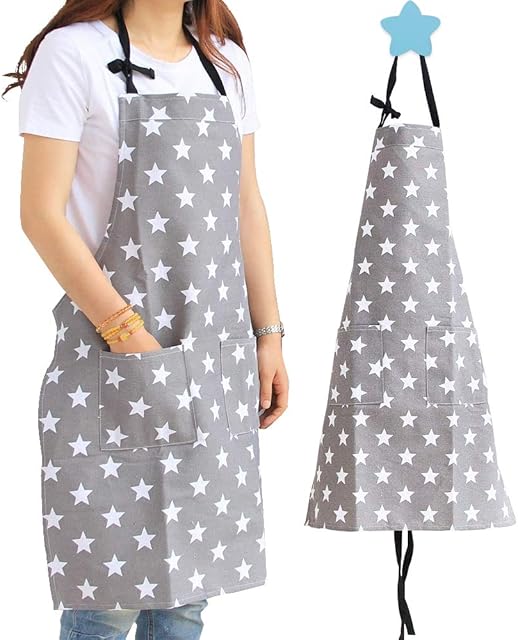 XCOZU Grey Star Kitchen Aprons for Women, Cotton Canvas Chefs Apron Cooking Aprons for Adults, Girls Ladies Aprons with Pockets for Home Kitchen Garden Restaurant Cooking Baking