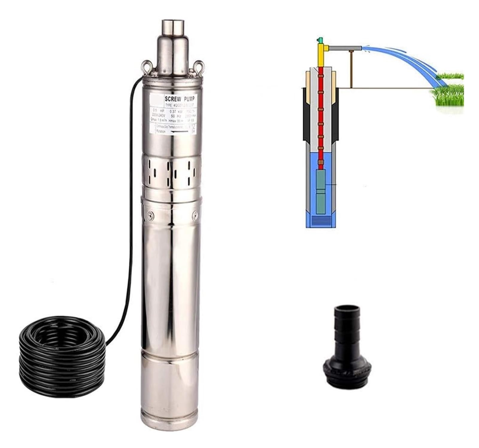 Bomba De Agua Sumergible For Pozo Profundo Con Tubo Acero Inoxidable, Solar Rotativa, Tornillo For Jardín Y Hogar Potente Flujo De Agua(3QGD0.5-50-0.25)