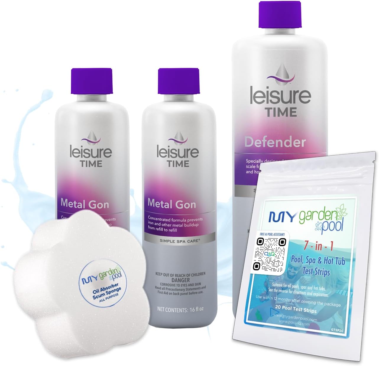 Leisure Time Metal Gon 32 Fl Oz & Defender 32 Fl Oz with My Garden Pool 20 Ct. Test Strips & Scum Sponge Flower Oil-Absorbing Sponge for Hot Tubs and Pools