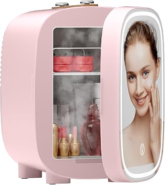 LIGIANT Mini Fridge, With 3-Level Dimmable LED Light Mirror, Low Noise Mini Fridge, 4L Large Capacity, Cooler & Warmer, Portable Design for Multiple Uses - Bedroom, Office, and Travel