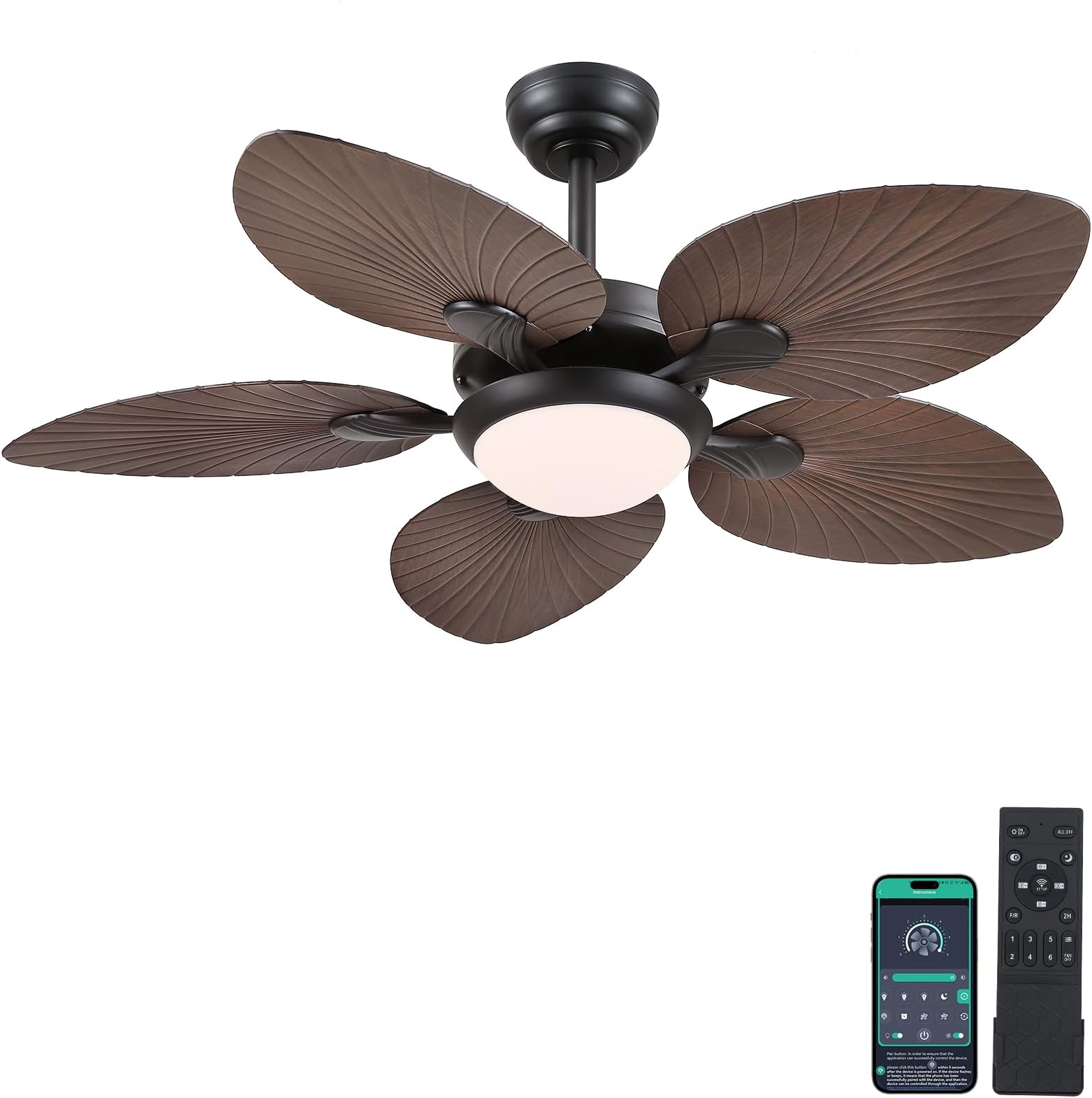 Tropical Ceiling Fans with Lights, 44 Inch Palm Leaf Outdoor Ceiling Fan with Light for Patios Porch Bedroom, Remote/APP Control, Reversible Quiet DC Motor, Dimmable LED, Dark Brown