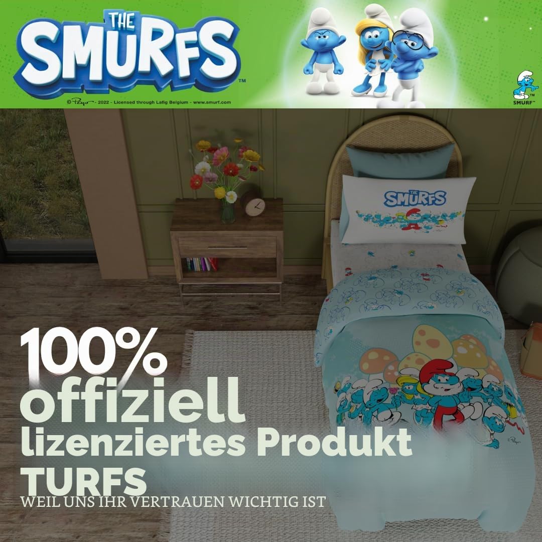 Franco Kinder-Bettwäsche-Set, superweich, kuschelig, wendbare Bettdecke und Laken, offizielles Lizenzprodukt, Die Schlümpfe, Einzelbettgröße, 4-teilig