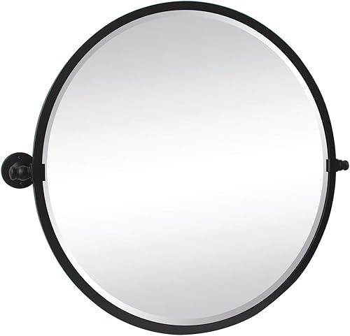 Miniatura 6 de TEHOME Espejo de baño pivote circular de 26 pulgadas con marco de metal negro mate, espejos de tocador biselados inclinables redondos para pared