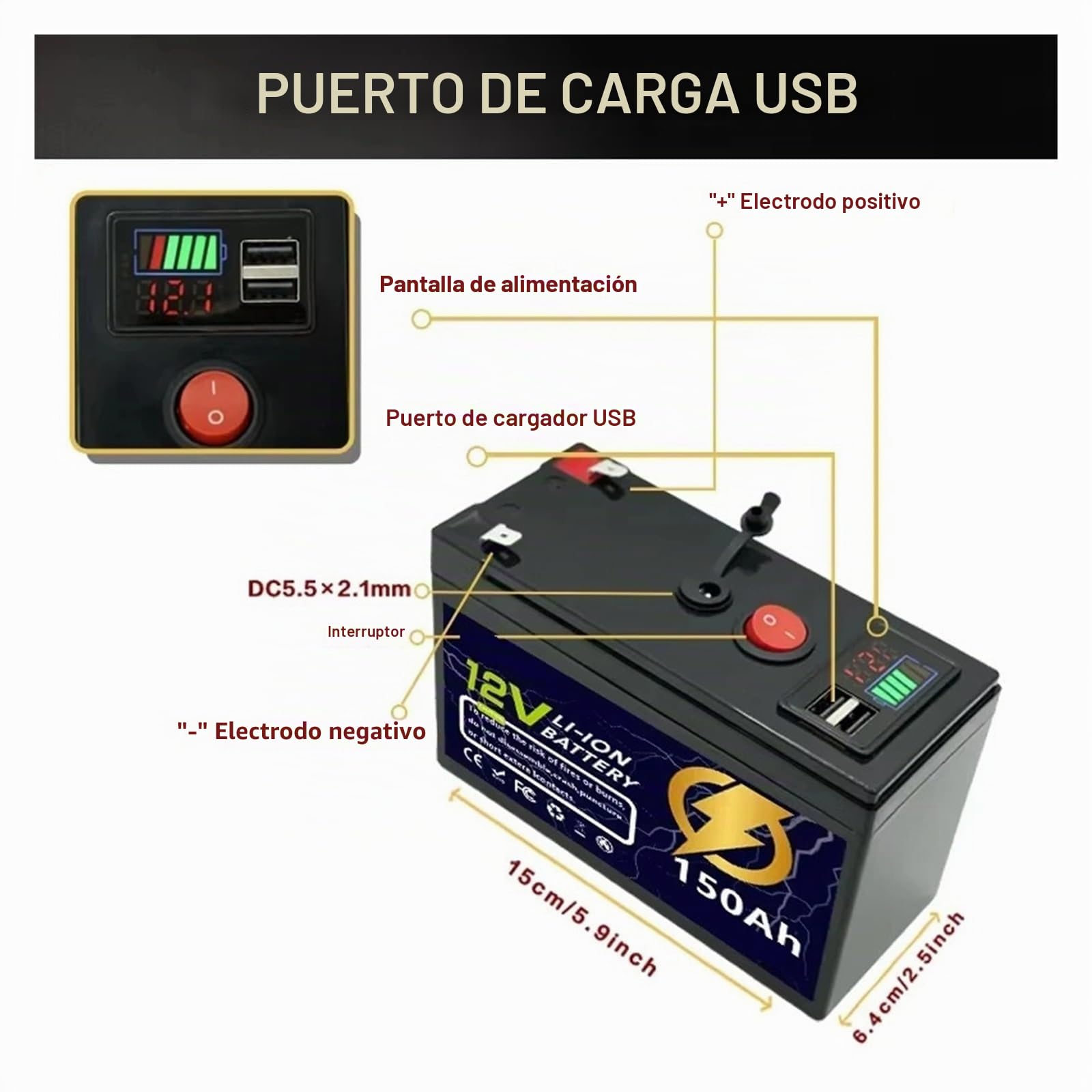 Batería LiFePO4 De Ciclo Profundo De 12 V Y 200 Ah Con BMS Incorporado, Adecuada For Aplicaciones Fuera De La Red, Iluminación, Sondas De Peces Y Ruedas Motrices(12V 200Ah)