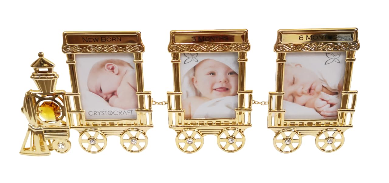 CORNICE PORTAFOTO Trenino con 2 vagoni GOLD con scritta NEW BORN - 3 e 6 MONTHS - CRYSTOCRAFT BOMBONIERE Nascita Battesimo Bimbo Bimba