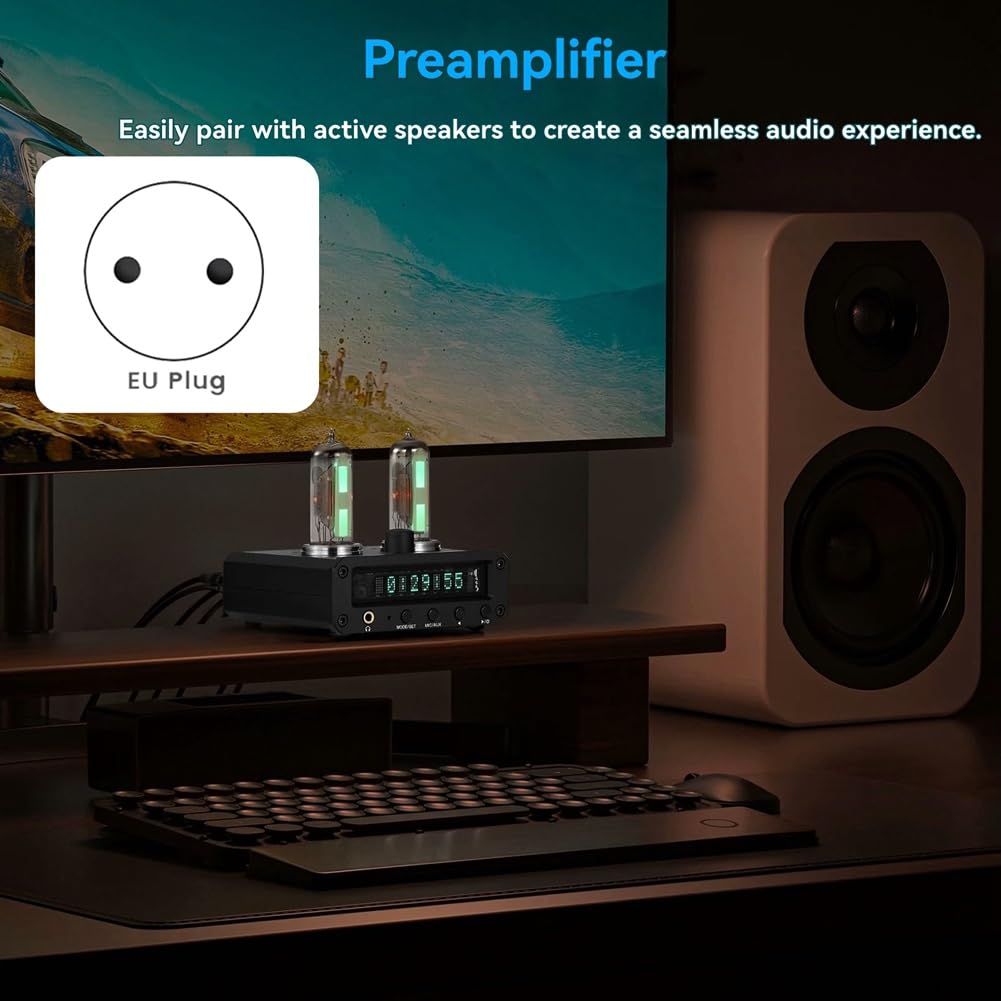 P2-FM Magic 6E2 Preamplificatore Amplificatore per Cuffie Stereo con Indicatore del Livello Radio FM Orologio VFD Spina UE