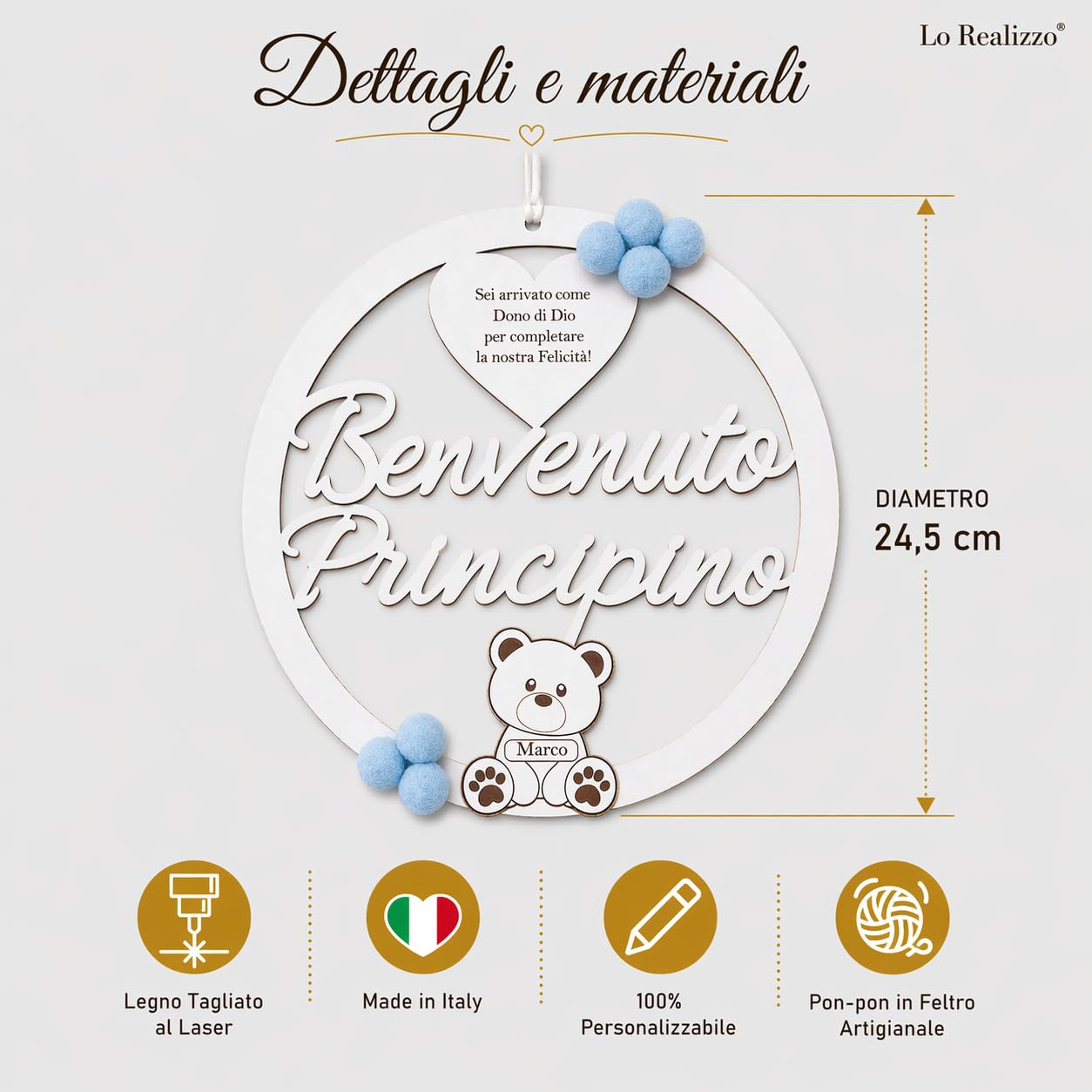 Fiocco Nascita Bimbo Bimba Personalizzato con Nome in Legno - Coccarda Nascita Moderno Fuoriporta Cameretta, Decorazione Nascita Artigianale Made in Italy con Orsetto (Rosa/Azzurro) — Lo Realizzo®