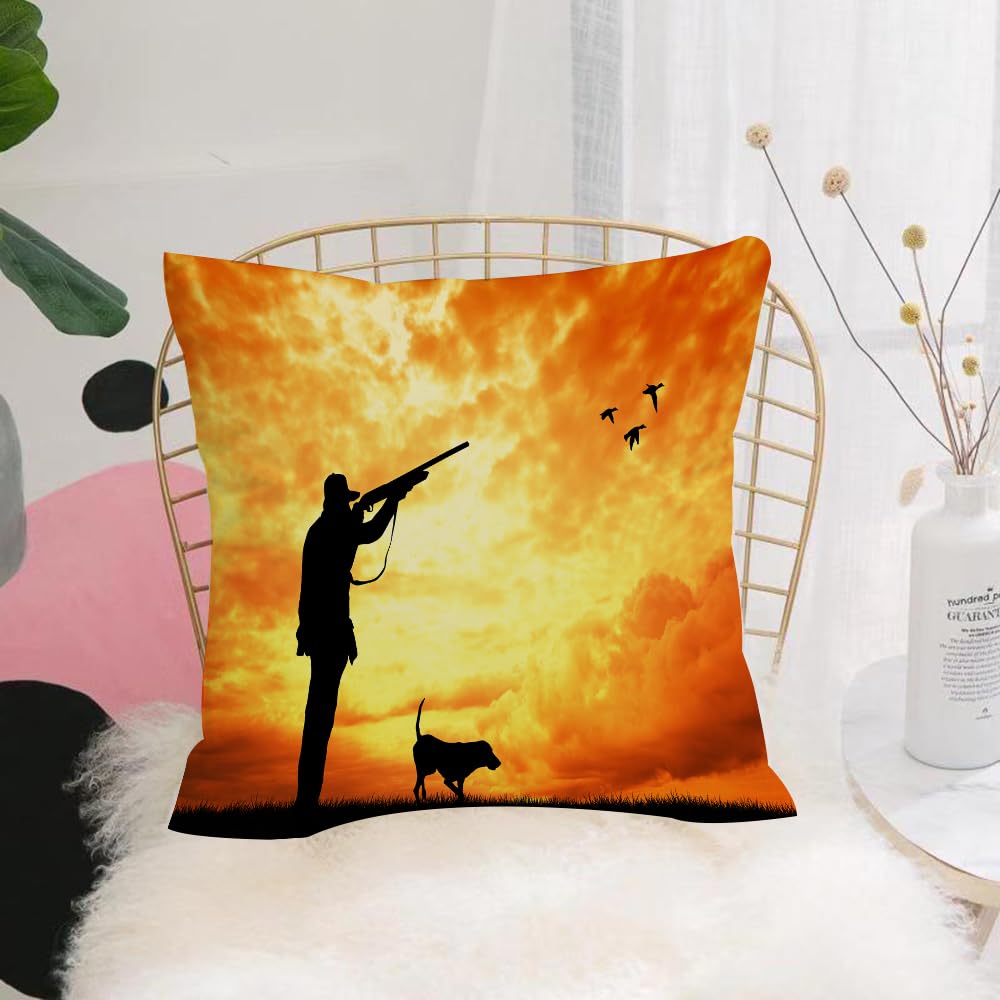 HYOSXW Cushion Cover,Throw Pillow Case Home Decorative for Living Room Bedroom Sofa Chair 16X16 Inch,Hunting Decoration, Majestic Sunset Huntsman with Wild Duck Shotgun,Pillowcase 40X40cm