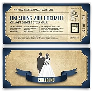 Einladungskarten zur Hochzeit (30 Stück) als Eintrittskarte im Vintage Ticket Look Hochzeitskarten in Blau