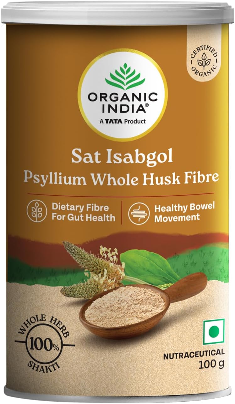 A TATA Product - Organic India Sat Isabgol Psyllium Whole Husk Powder - 100g, With Dietary Fiber, Supports Heart Health & Digestive System, Gluten Free, Non-GMO Project Verified, NPOP & USDA Certified