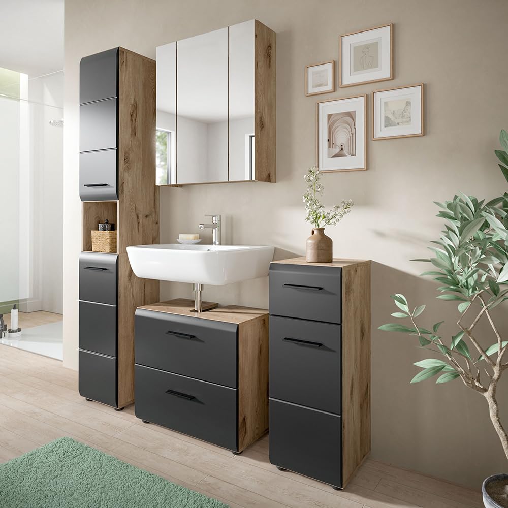 Lomadox Badezimmer Badmöbel-Set 4-teilig in Eiche mit schwarz matt, mit 1 Hochschrank, 1 Unterschrank, 1 Spiegelschrank mit 3D-Funktion & 1 Waschbeckenschrank