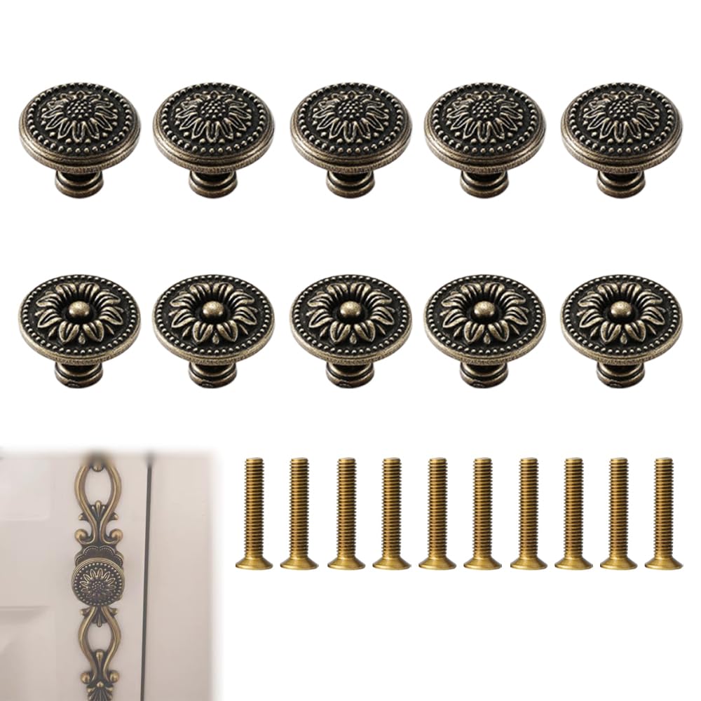 MSLSOZ Antique Bronze Cabinet Knobs, Vintage Pulls, 2 Pattern Combinations, Cupboard Wardrobe Hardware, 10-Pack