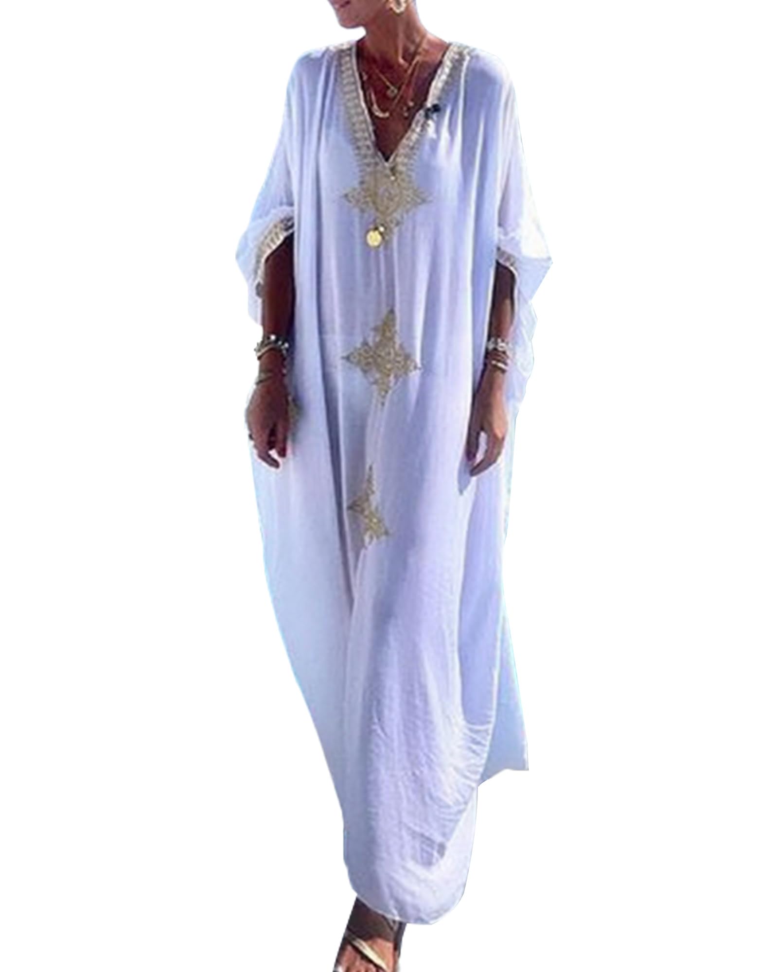Gold Embroidery Long Kaftan Dresses V Neck Caftan Dress Beach Cover Ups for Women Embroidery