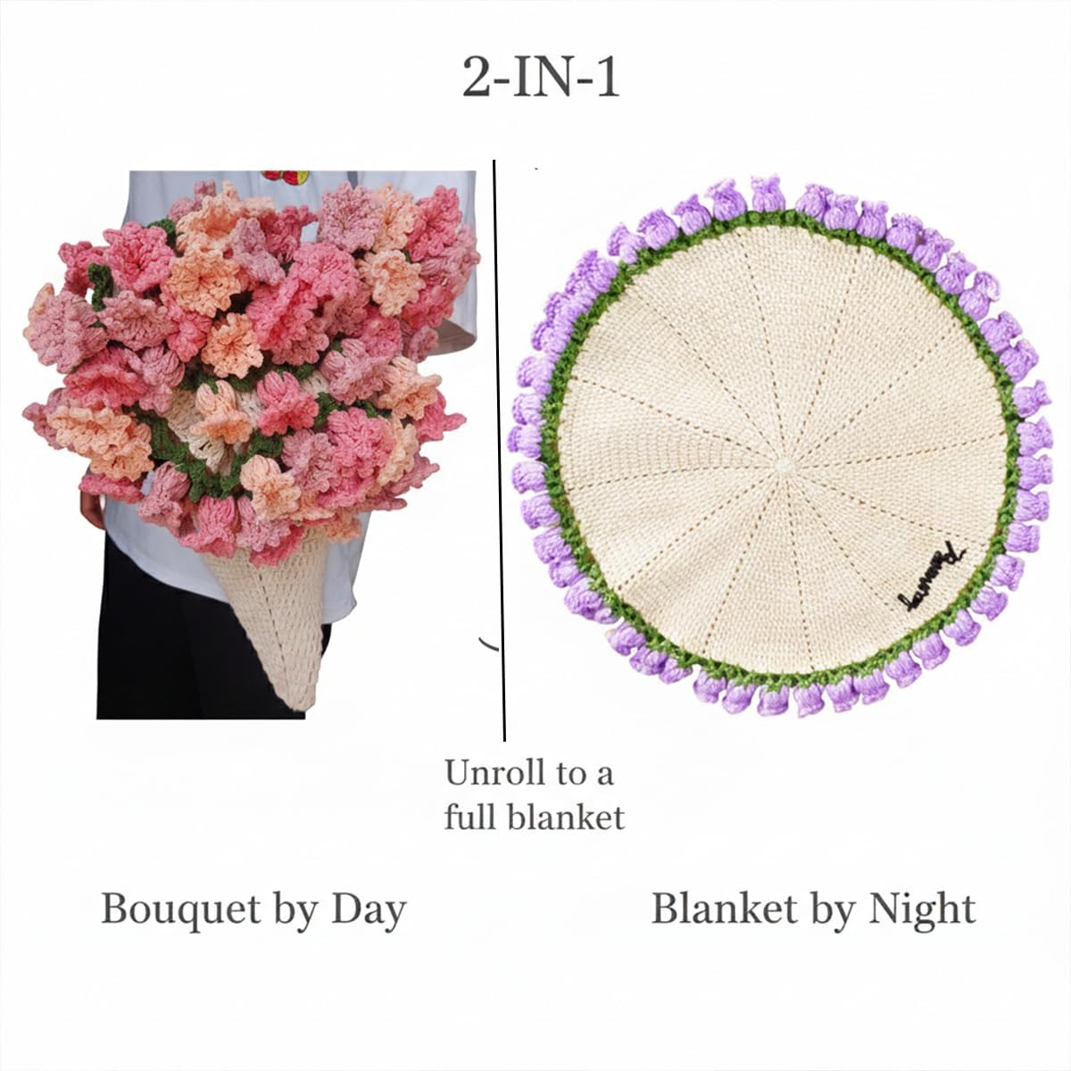 Personalized Crochet Flower Blanket Gift – Custom Crochet Flower Bouquet Blanket with Name, Finished Crochet Lily of the valley Gift For Mom, Mother'day, Valentine’s Day, Graduation Gift