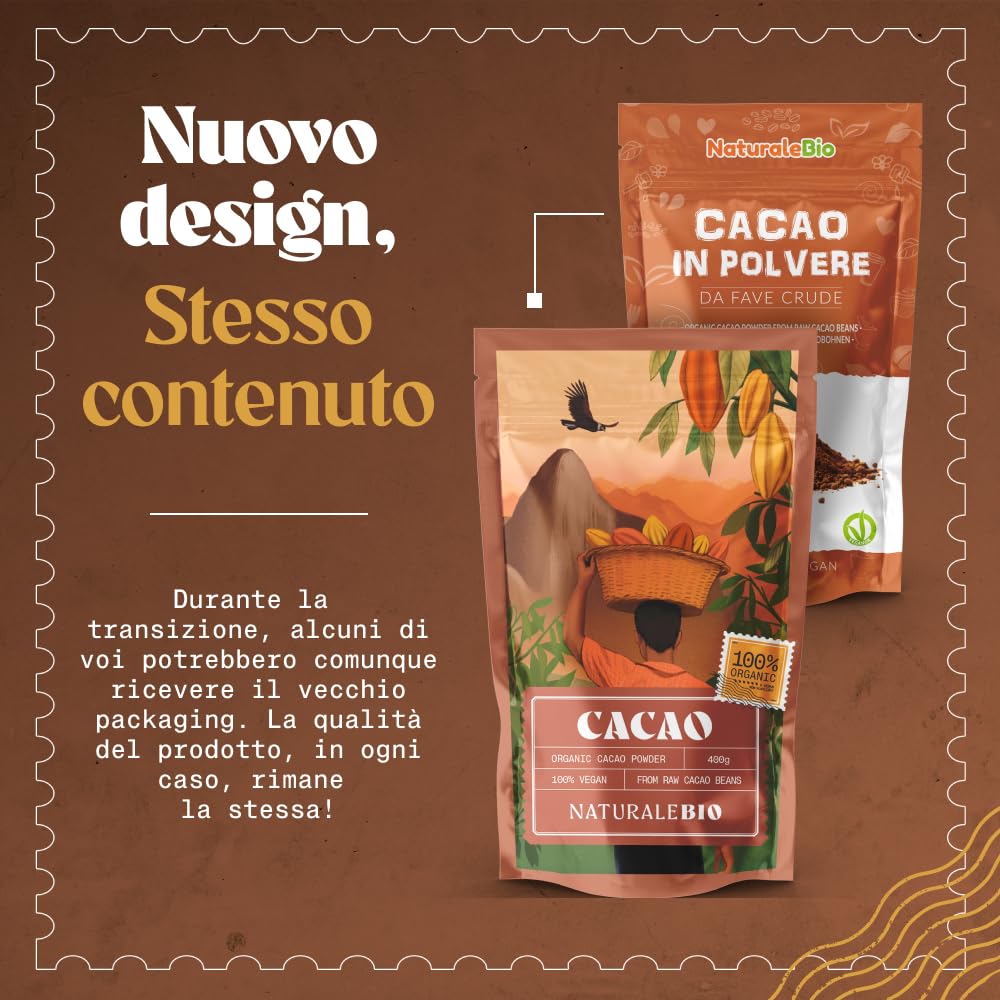 NaturaleBio Cacao Biologico in Polvere 1kg. Naturale e Puro da Fave Crude. Non Zuccherato. Prodotto dalla pianta Theobroma Cacao. Lavorato a Basse Temperature. Testato per Metalli Pesanti