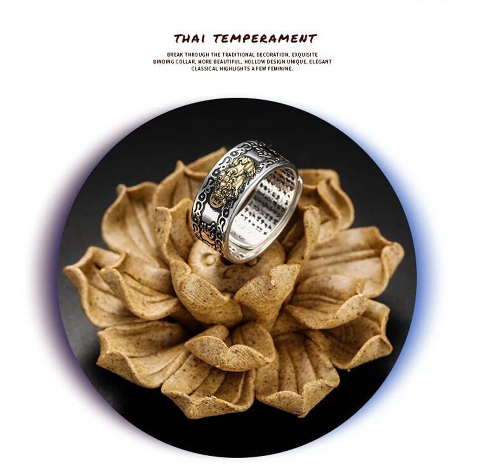 Feng Shui Pixiu Mantra Ring S925 Silver Buddhist Good Luck Amulet Mantra Double Protection Wealth Love Health Ring Gift for Men Women Adjustable,012