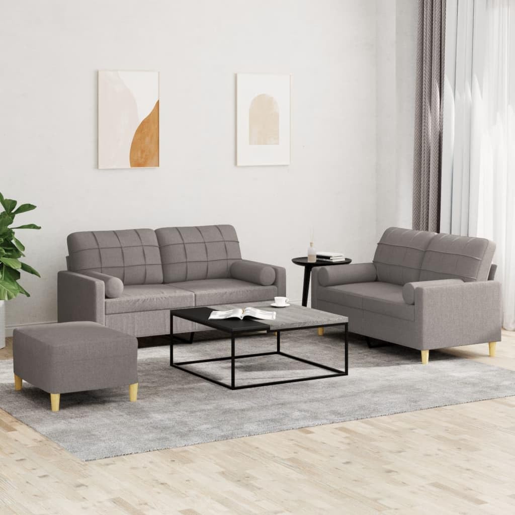3-częściowy komplet mebli w kolorze szarobrązowym (taupe), 2 x 2-osobowa sofa i podnóżek, wytrzymała rama ze sklejki, wygodna tapicerka, nowoczesny zestaw mebli do salonu
