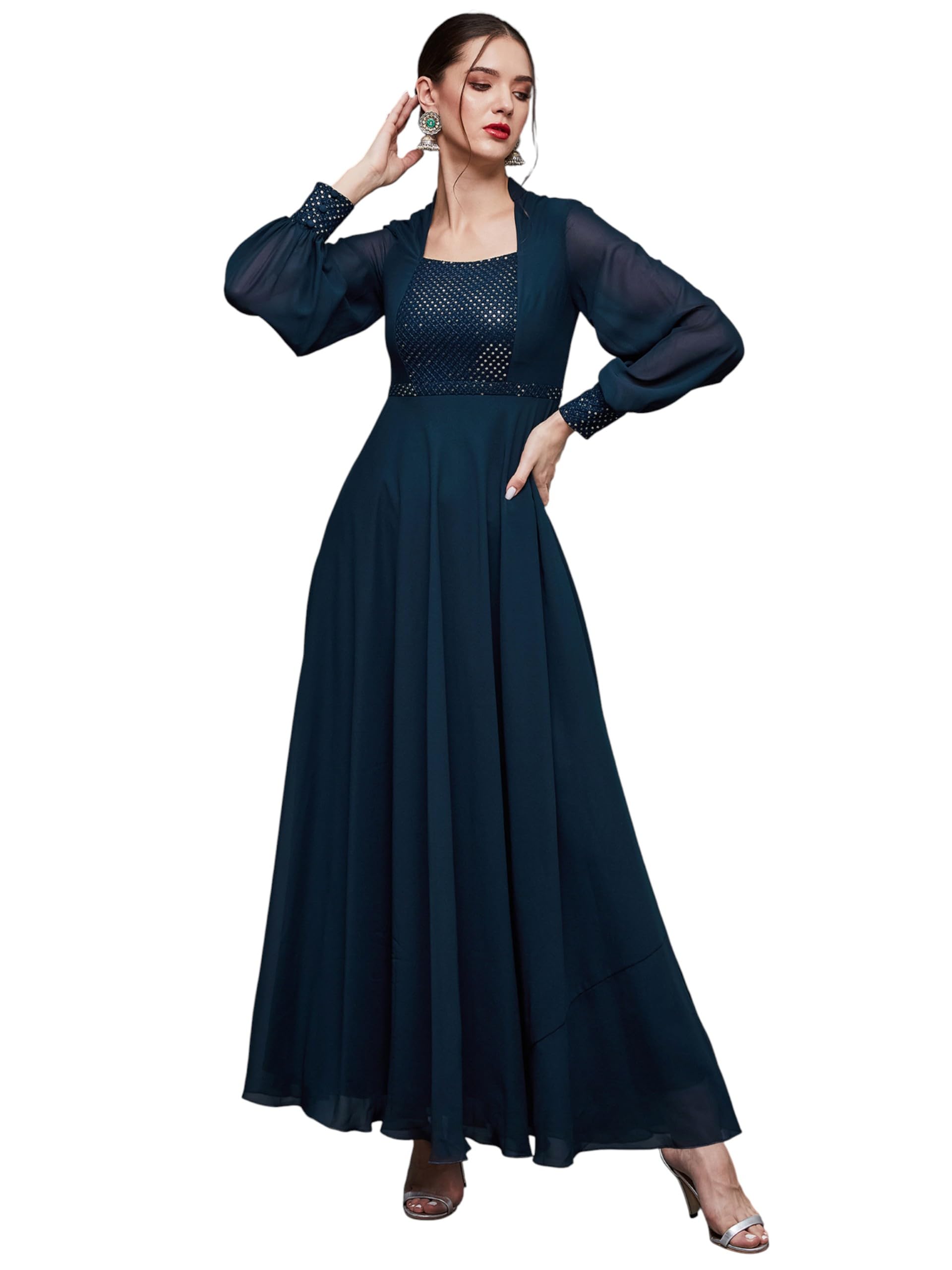Miss Chase Maxi abito svasato da donna con scollo rotondo e maniche