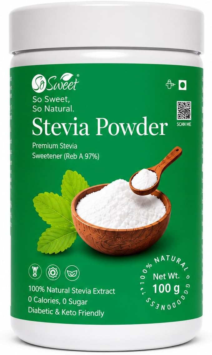 So Sweet Stevia Powder 100g | Natural Sugar Free Sweetener | Zero Calorie Sugar Substitute for Tea, Coffee & Baking | Keto Friendly | Diabetic Friendly