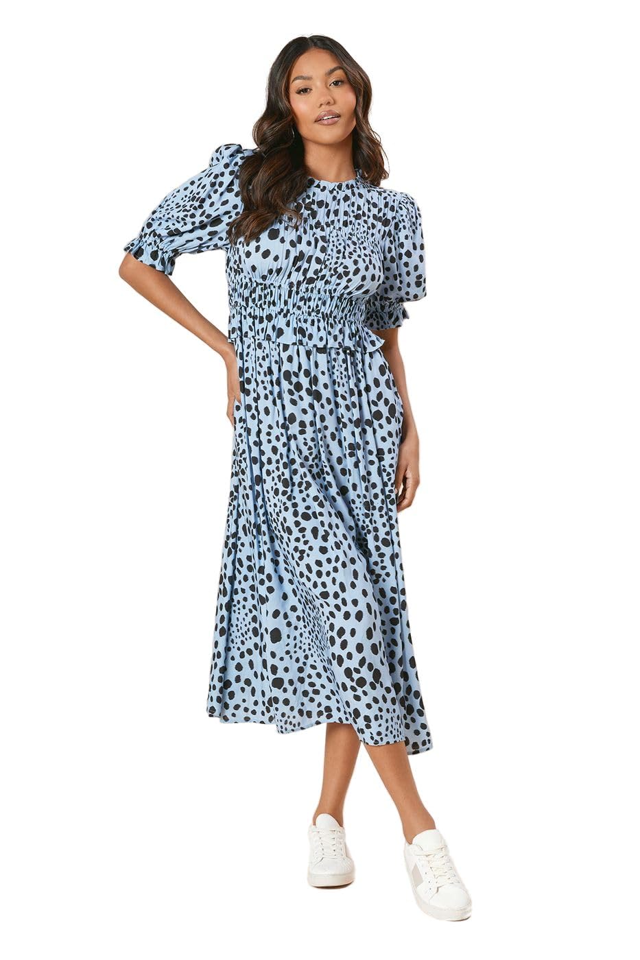 Dorothy Perkins Blue Animal Shirred Bodice Puff Sleeve Midi Dress, 18, Blue