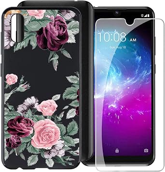 Case for ZTE Blade A5 2020 + Tempered Glass Screen Protector - HHUAN Flexible Soft Black TPU Red Rose Shell Silicone Gel Protective Case Bumper Cover for ZTE Blade A5 2020 6.09"
