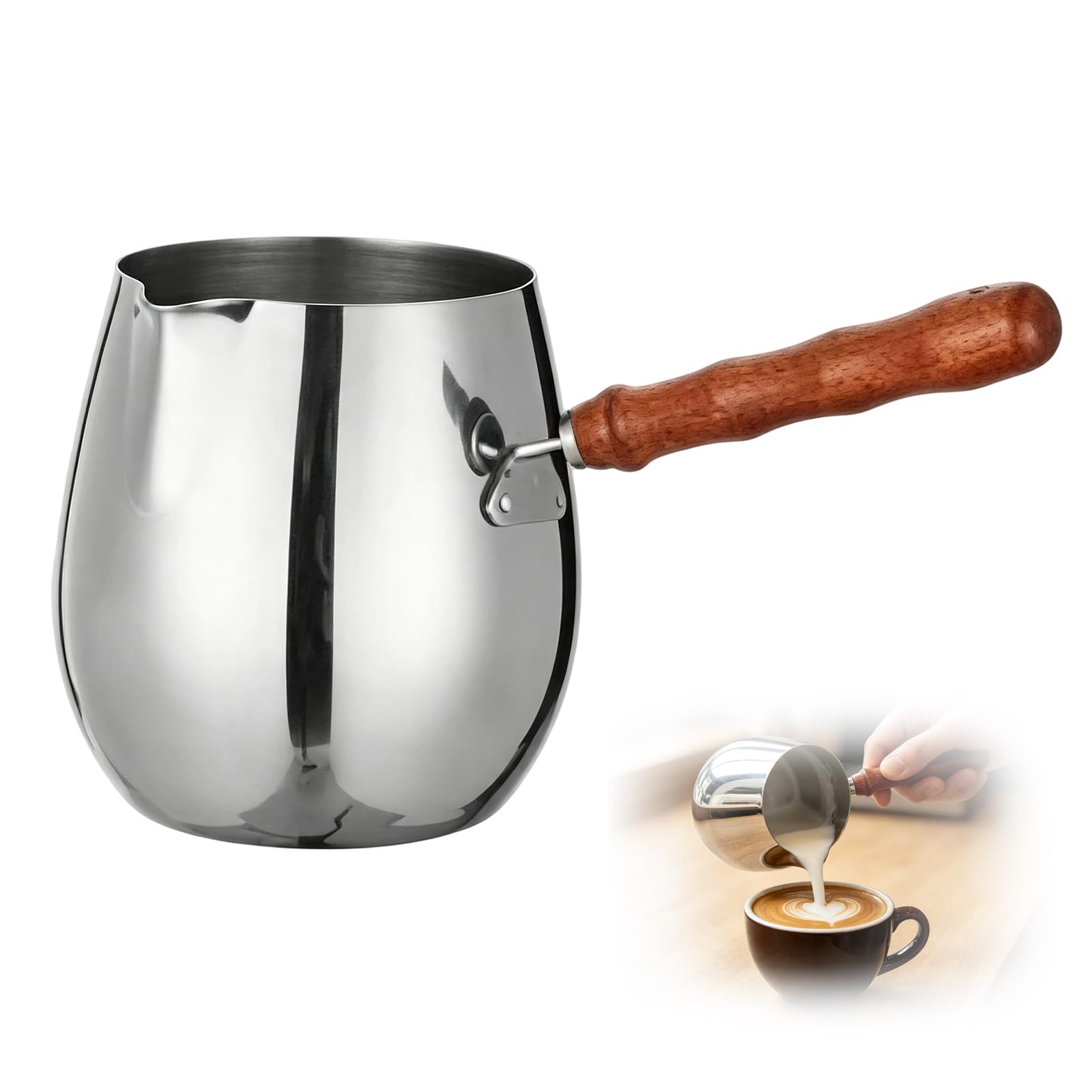 WORUIB Coffee Pot, 400 ml 304 Stainless Steel Milk Frothing Pitcher, Wooden Handle, Tapered Spout for Latte Art