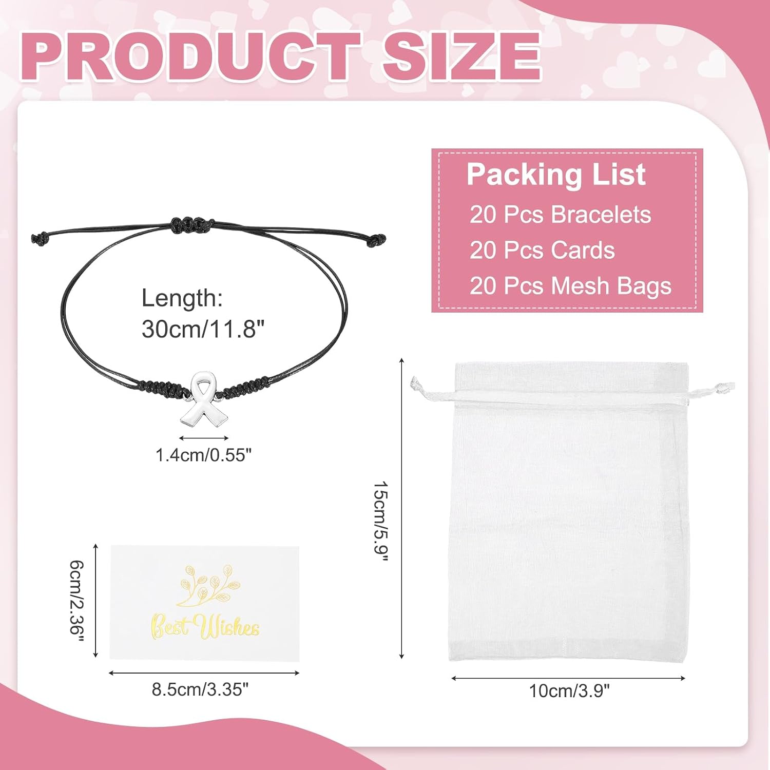 MECCANIXITY Breast Cancer Bracelets Bulk, Adjustable Ribbon Braided Bracelet Ribbon Care Gifts Set with Card & Mesh Bag
